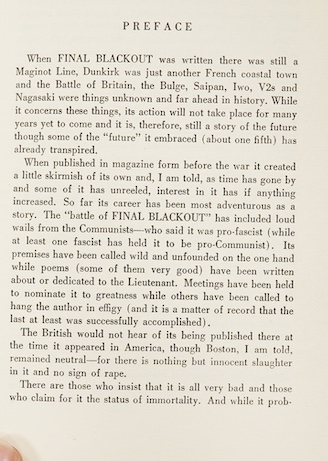 Hubbard, L. Ron - Final Blackout, 1st edition, 8vo, original pebbled black cloth, in unclipped d/j, Hadley Publishing Co., Rhode Island, 1940.